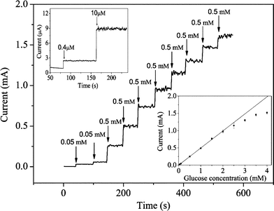 Steady-state current–time responses of glucose at the CuO nanowire modified electrode at 0.33 V subject to various concentrations of glucose in 0.15 mol dm–3NaOH. Top inset displays the response to 0.40 and 10 µmol dm–3glucose. Bottom inset shows the calibration curve of glucose.