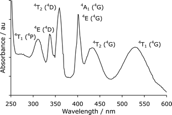 
          UV-visible
          absorbance spectrum of manganese(ii) chloride (transitions assigned as in text by Blasse and Grabmaier39).