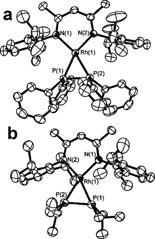ORTEP depictions of (a) 2, and (b) 3.
