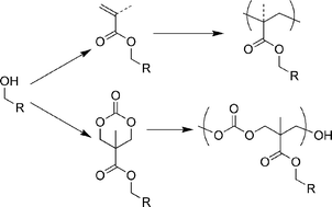 Derivatization of alcohols with (meth)acrylate for radical polymerization (top) compared with cyclic carbonate for ring-opening polymerization (bottom).