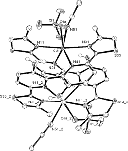 Solid-state structure of the [Cd2(L1)2(MeCN)2(ClO4)2]2+ complex cation (thermal ellipsoids are shown at a 50% probability level). All hydrogens (except amine) have been omitted for clarity. The “_2” symbol in the atom labels indicates that these atoms are at equivalent position (1 − x, y,  − z).