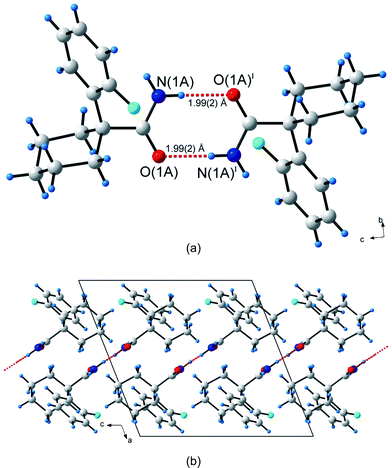 
            Hydrogen bonding in 1-(2-fluorophenyl)cyclohexanecarboxamide (3). (a) The single unique hydrogen bonds, shown as dashed red lines, forming the R22(8) centrosymmetric hydrogen bonded dimer. (b) Packing diagram of 3. Atoms marked with a superscript (i) are at the symmetry position (1 – x, 1 – y, –z).