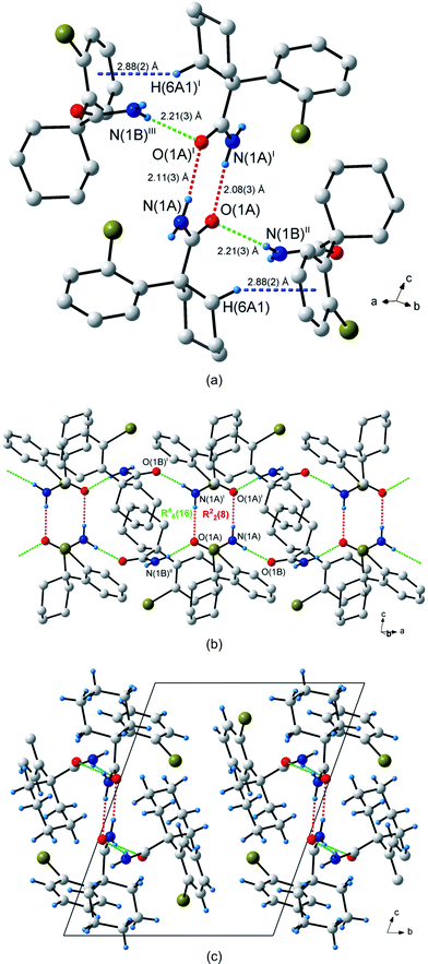 
            Hydrogen bonding in 1-(2-bromophenyl)cyclohexanecarboxamide (5). (a) The three types of hydrogen bonds observed in 5. The centrosymmetric R22(8) dimer hydrogen bonds are shown as dashed red lines, the hydrogen bonds in the C22(8) chain are shown as dashed green lines and the C–H⋯π hydrogen bond as dashed blue lines. (b) The R22(8) and R46(16) rings connected to form an infinite ribbon pattern along the b-axis. (c) Packing diagram shown down the a-axis. Atoms marked with superscripts (i), (ii) and (iii) are at the symmetry positions (1 – x, –y, 1– z), (–1 + x, y, z) and (2 – x, –y, 1 – z) respectively. H atoms not involved in hydrogen bonding interactions are omitted for clarity in (a) and (b).