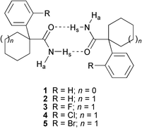 Structures of compounds 1–5, showing the primary hydrogen-bonded dimeric motif.