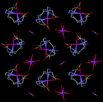 View of compound 1 along the b-axis illustrating the interspersion of the nitrate anions between the second sphere motifs. Lattice water molecules and H atoms are omitted for clarity.