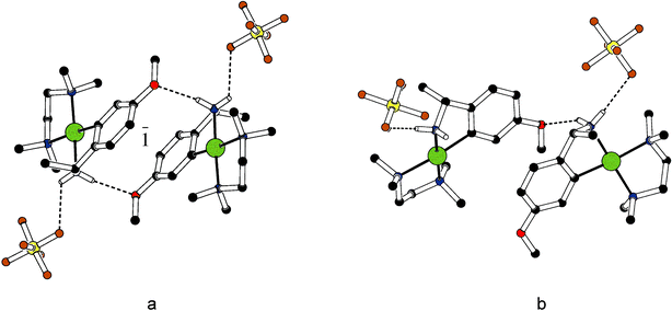 Hydrogen bonding in (a) rac-2e and (b) R-2e. Colour code C black, N blue, O red, Pd green, F orange, P yellow.