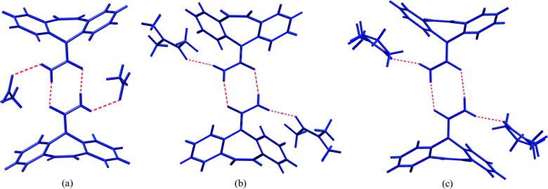 Illustration of the hydrogen bonded (dashed lines) contacts between CBZ R22 (8) dimers and solvent molecules in the crystal structures of CBZ solvates of (a) NM, (b) DMA and (c) NMP.