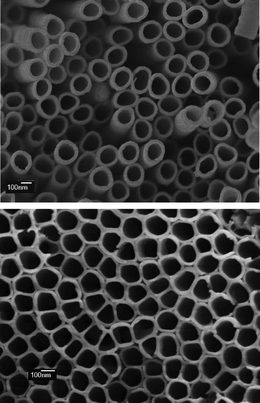TiO2nanotubes prepared by electrochemical anodization of Ti foil in dimethyl sulfoxide (top) and ethylene glycol (bottom) solution. This type of nanotube,17,18 when dye-sensitized, produces efficient DSC reaching 6.8%.19 Images courtesy of C. G. Grimes.
