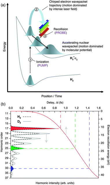 The PACER technique. (a) Ionization serves as the pump process because it launches an electron wavepacket into the continuum simultaneously with a nuclear wavepacket on the H2+ ground state potential surface (σg). The electron wavepacket then moves in response to the laser field, returning to the parent ion with an increased kinetic energy at some later time. The recollision acts as the probe of the nuclear motion that has occurred in the time delay since ionization occurred. (b) Due to the chirped nature of the returning electron wavepacket, different harmonic orders are emitted at different times after ionization, and are therefore associated with different pump–probe time delays. For example, the emission of the 17th harmonic probes the nuclear wavepacket 0.9 fs after ionisation, whereas the 33rd harmonic probes the nuclear wavepacket at a time just > 1.4.fs.