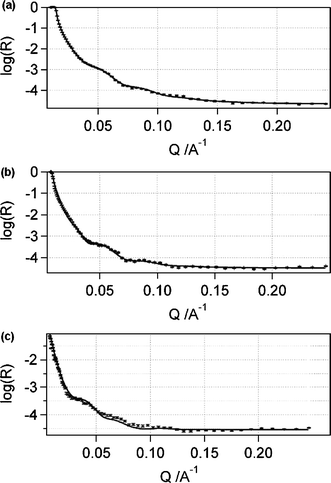 
          NR
          reflectivity curves for a molecularly thin spin-cast film of Ag+-selective membrane deposited onto an atomically smooth silicon wafer in 10−3 M AgNO3 in (a) D2O, (b) D2O–H2O and (c) H2O.