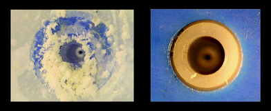 A spray nozzle for aqueous solutions of sodium chloride (left) and a hydrophilic ionic liquid (right), each after 10 h of operation (© IoLiTec 2007).