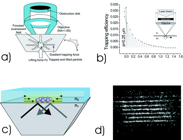 (a) Concept of optical trapping under focused evanescent wave illumination: an obstruction is used at the back of a total internal reflection (TIR) microscope objective to block all but rays which arrive under TIR conditions. (b) Trapping efficiency mapping for a polystyrene particle of radius a, scanned in the x direction (light polarisation direction) across the focused evanescent field. Numerical aperture = 1.65, λ = 532 nm, ε = 0.85 (normalised obstruction size), n1 = 1.78 and n2 = 1.33. (c) Generating evanescent waves over an extended area using total internal reflection through a prism allows arrays of particles to be simultaneously manipulated and also enables optically induced self-organisation of particles to be studied, (d). In a near field geometry using a large area prism one may see enhancement of the field and colloidal organisation on the surface: See ref. 44 for more details. (Fig. 8a reproduced with permission from ref. 43. Copyright 2004 American Institute of Physics. Fig. 8b reproduced with permission from ref. 58. Copyright 2004 Optical Society of America.)