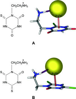 Schematic drawing of the ligand and the crystal structure of its corresponding chloride complex for the ethylene ammonium derivative of (A) thiocyanuric acid (L4) and (B) dithiocyanuric acid (L5). Atom colors: C = grey, O = red, Cl = yellow, N = blue, S = green and H = white. Figure adapted from ref. 25.