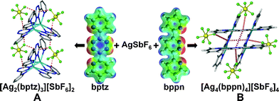 (A) A fragment of the [Ag2(bptz)3][SbF6]2 structure depicting three anion-π contacts between each [SbF6]– anion and the tetrazine rings. (B) The grid-type structure of [Ag4(bppn)4][SbF6]4 depicting the π–π (purple dashed lines) and anion-π interactions (red dashed lines). Figure adapted from ref. 39b.