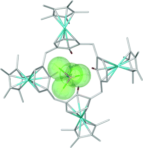 X-Ray crystal structure of [{Ir(η5-C5Me5)}4(calix[4]arene)]6+ host with the [BF4]– anion in the π-acidic cavity. Atom colors: O = red, B = orange, Ir = light blue, F = green and C = grey. Short F⋯Ccalix contacts ∼2.9–3.0 Å. Figure adapted from ref. 47.