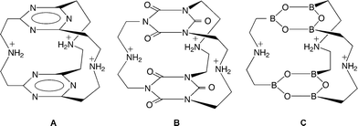 Cylindrophane-type selective fluoride receptors based on π-electron deficient rings (A) 1,3,5-triazine, (B) cyanuric acid and (C) boroxine. Figure adapted from ref. 20.