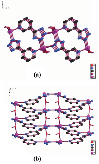 2D structure of 1. (a) A view almost normal to the axis of the two fold helices that extend in the c direction. (b) A perspective view of the sheet structure from a direction parallel to the c axis.