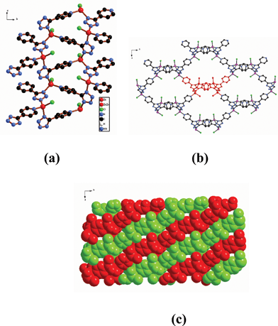 3D interpenetrating structure of 4. (a) [ZnCl(4-PTZ)] strips extending in the c direction. (b) A view down the c axis of 4 showing the connections between strips. The central strip is highlighted with red spheres. (c) A space-filling model showing the interpenetration of the independent networks within the crystal.