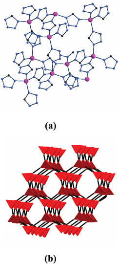 (a) A diamondoid-like net representation of 13 in which each 10-Zn center is composed of one diamond node, and the phenyl groups on the tetrazole ring are omitted for clarity. (b) A simplified diamond net representation of 13 in which the highlighted areas represent Zn tetrahedra and the long lines stand for 5-phenyltetrazolato ligands.