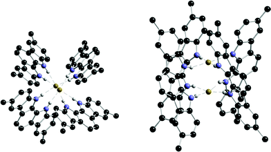 Top (left) and side (right) views of the crystal structure of the 2 : 1 complex of TBAF with receptor 86b. Countercation and non-acidic hydrogen atoms omitted for clarity.