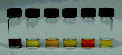 Colour changes observed upon the addition of anions (10 equiv.) to otherwise identical solutions of receptor 89b (4.34 × 10−5 M in dichloromethane. From left to right: F− + 89, Cl− + 89, BzO− + 89, HSO4− + 89, H2PO4− + 89, 89. Reproduced with permission from ref. 112. Copyright © 2006 ACS.