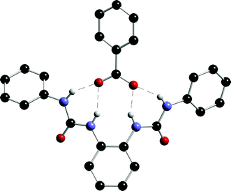 The X-ray crystal structure of the benzoate complex of receptor 101. Non-acidic hydrogen atoms and tetrabutylammonium countercation have been omitted for clarity.