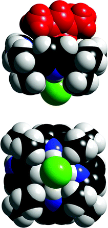 Space filling representations of the side and bottom views of the ethylmethylimidazolium chloride complex of compound 49. The bottom view of the complex illustrates the displacement of chloride towards the NH groups. Reproduced with permission from ref. 68 (Fig. 2). Copyright © 2006 The Royal Society of Chemistry.