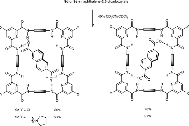 Relative populations of two different binding modes of complexes between macrocycles9d and 9e, and naphthalene-2,6-dicarboxylate in 40% CD3CN–CDCl3 at 24 ± 1 °C.