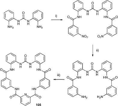 The synthesis of macrocycle105. (i) 3-Nitrobenzoic acid, benzotriazol-1-yl-oxytripyrrolidinophosphonium hexafluorophosphate (PyBOP), Et3N, 1-hydroxybenzotriazole (HOBt), DMF (anhydrous). (ii) NH2NH2·H2O, Pd/C 10% cat., EtOH. (iii) 2,6-pyridine dicarbonylchloride, tetrabutylammonium acetate, Et3N, DMAP, CH2Cl2.