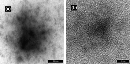 TEM images of bimetallic G5-Q(Ru5Rh5) nanoparticles. The bimetallic G5-Q(Ru5Rh5) solution: total metal concentration was 0.74 mM and total metal/G5-Q molar ratio 37 : 1. A small amount of the bimetallic G5-Q(Ru5Rh5) solution was placed on a carbon-coated copper grid and dried naturally.
