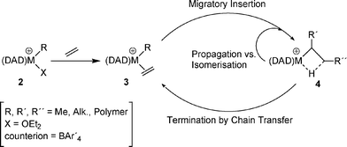 Reaction mechanism scheme for the polymerization of ethylene with the α-diimine (DAD) catalyst system; catalyst type e.g. [(DAD)MMe(OEt2)][BAr′4].