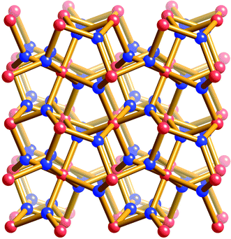 Schematic representation of the PdF2-like [Hg(tpt)2]2+ network in solvated [Hg(tpt)2](ClO4)2. The blue trigonal nodes represent the centres of the tpt triazine rings and the red 6-connected nodes are located at Hg.