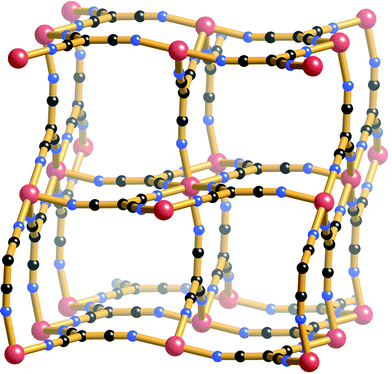 A single rutile-like network in Zn(tcm)2. A second identical network, not shown, interpenetrates the first.