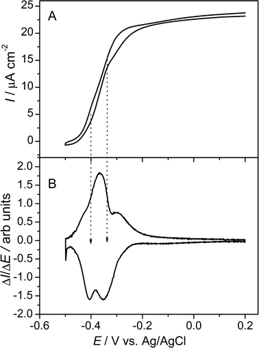 (A) Cyclic voltammogram of a metabolizing G. sulfurreducens biofilm. The voltammogram was recorded at maximum biofilm activity 168 h after the start of the chronoamperometric experiment (see Fig. 1). The scan rate was 5 mV s−1. (B) First derivatives of the voltammetric curve over the potential.