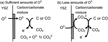 Possible reaction schemes of the direct oxidation of solid carbon in the DCFC with (a) sufficient and (b) less amounts of O2− in the carbon/carbonate slurry.