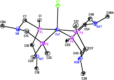 Drawing of the [Co(PPh2NPh2)2(Cl)]+ cation showing atom numbering scheme. Only the ipso-carbon atoms of the phenyl rings are shown and the hydrogen atoms are omitted for clarity. Thermal ellipsoids are shown at 30% probability.