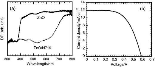 (a) Diffuse reflectance spectra of the ZnO film and the ZnO/N719 electrode. (b) The I–V curve of the cell using the ZnO/N719 electrode.