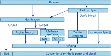 Biomass gasification and pyrolysis routes to synthetic biofuels (source: Sustainable biofuels: prospects and challenges, RS Policy document 01/08, ISBN 978 0 85403 662 2. Reproduced with permission of The Royal Society).
