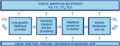 Greenhouse gas emissions from production and utilisation of biofuels (source: Sustainable biofuels: prospects and challenges, The Royal Society. Policy document 01/08, ISBN 978 0 85403 662 2. Reproduced with permission of the Royal Society).
