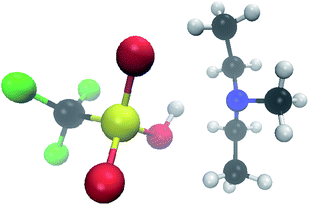 Chemical structure of triflic acid (left) and diethylmethylamine (right). C, H, N, F, S and O are shown as black, white, blue, green, yellow and red spheres, respectively.