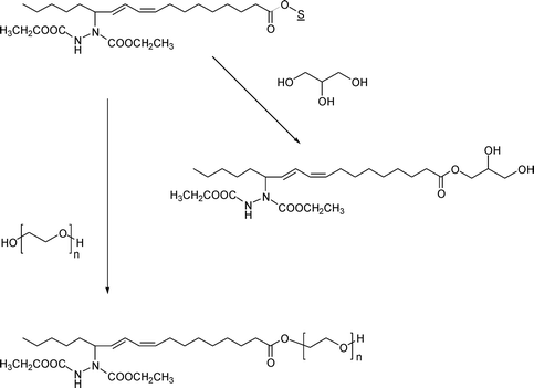 Enzymatic transesterification reactions of soybean oil azadicarboxylate diethyl ester with glycerol and poly(ethylene glycol). In both reactions, a lipase is used as the catalyst. ‘S’ refers to the glycerol moiety in the soybean oil.