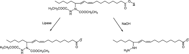 Chemical and enzymatic hydrolysis products of soybean oil azadicarboxylate diethyl ester. ‘S’ refers to the glycerol moiety in the soybean oil.