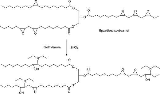 Reaction of epoxidized soybean oil with diethyl amine.