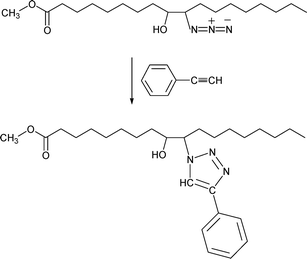 Click reaction between soybean oil azidohydrin and phenyl acetylene.