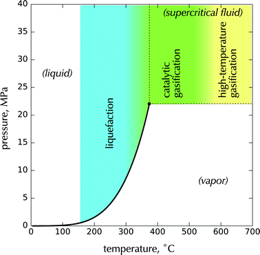 Hydrothermal processing regions referenced to the pressure–temperature phase diagram of water.