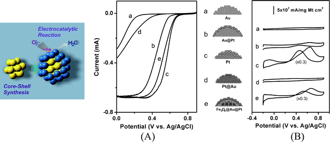 (A) RDE curves of different catalysts in 0.5 M H2SO4 saturated with O2 (metal loading 10–30%) (10 mV s−1, 1600 rpm, surface area: 0.2 cm2). The current for the curves is not normalized by the metal loading and the surface area. (B) CV curves for MOR for different catalysts in 0.5 M H2SO4 with 0.5 M MeOH. (50 mV s−1). The scheme in the middle of A and B illustrates the corresponding nanoparticle surface structures by design. The scheme on the left illustrates the core-shell synthesis and the surface electrocatalytic oxygen reduction reaction. (Reprinted with permission from ref. 78. Copyright 2008 John Wiley & Sons Inc.)