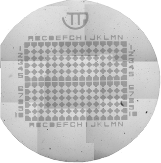 Phase contrast micrograph showing a grid of relocatable fields, photographed originally at 65×.