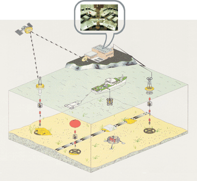 Schematic representation of “ideal” ecosystem monitoring strategies based on a network of in situ analytical probes. The detailed spatial and temporal variations of a large number of chemical compounds and bio-physicochemical parameters are monitored in real-time and continuously by a network of submersible probes remotely controlled by a land station which downloads and stores data, and provides free access to data bases through the internet..