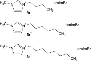 Structures of the imidazolium ionic liquids used in this study: 1-butyl-3-methylimidazolium bromide (bmimBr), 1-hexyl-3-methylimidazolium bromide (hmimBr), 1-octyl-3-methylimidazolium bromide (omimBr).