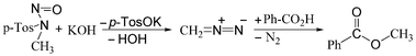 Generation of diazomethane from the precursor Diazald® with KOH, and its reaction with benzoic acid to benzoic acid methyl ester.